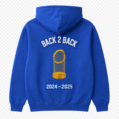 Back of royal blue hoodie with Back 2 Back 2024-2025 championship embroidery