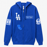 Front of royal blue Cali Style Back 2 Back embroidered zip hoodie