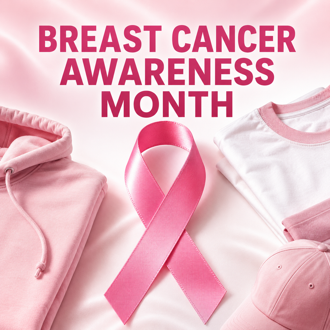Breast Cancer Awareness Month collection featuring a pink ribbon, hoodie, shirt, and cap