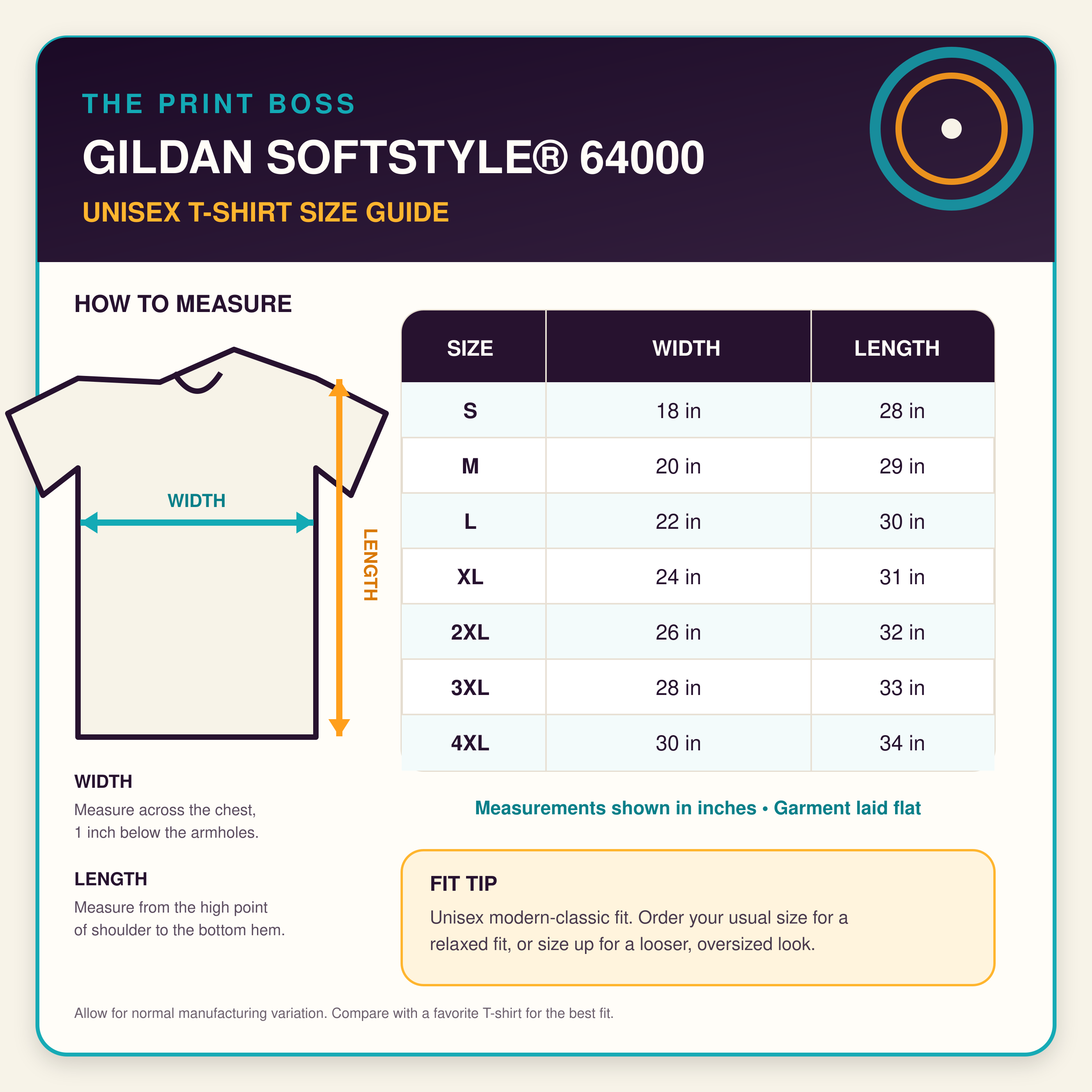 Gildan Softstyle 64000 unisex T-shirt size chart Small through 4XL