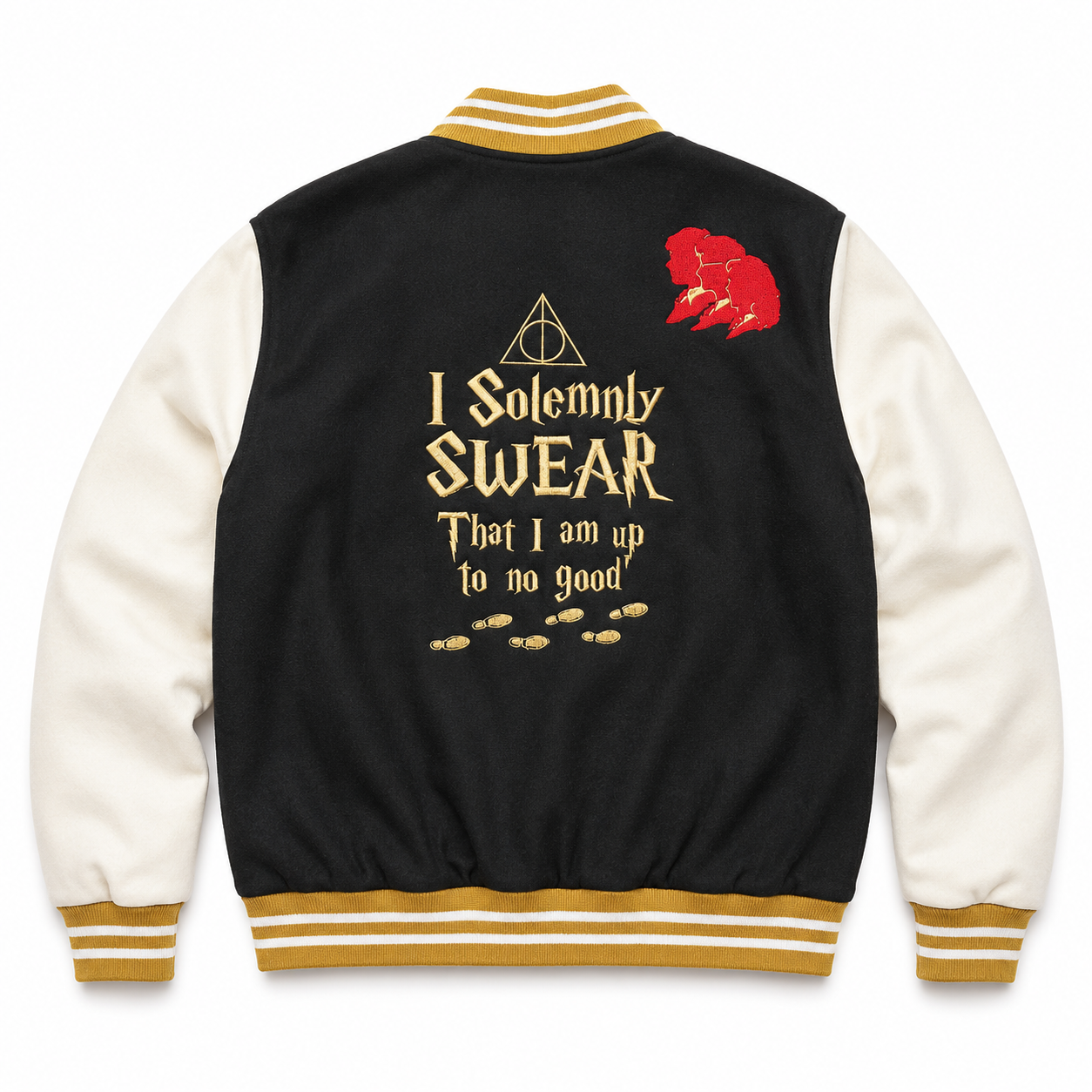Back view of black cream and gold wizard-themed varsity jacket