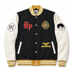 Front view of black cream and gold wizard-themed varsity jacket